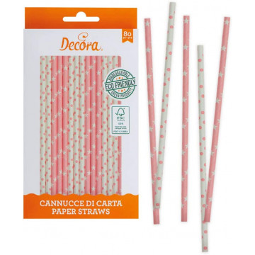 Paper straws - Decora - pink and white, 80 pcs.