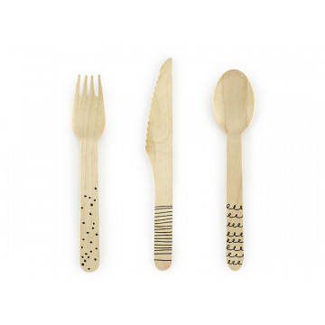 Wooden cutlery, disposable - PartyDeco - black patterns, 18 pcs.