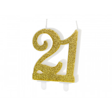 Świeczka urodzinowa liczba 21 - PartyDeco - brokatowa, złota