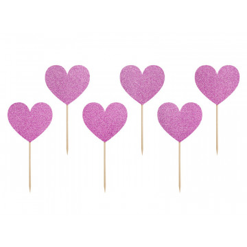 Toppery do muffinek sweet love - PartyDeco - serca, różowe, 6 szt.