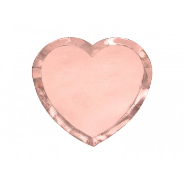 Talerzyki papierowe - PartyDeco - serca, różowe złoto, 21 x 19 cm, 6 szt.