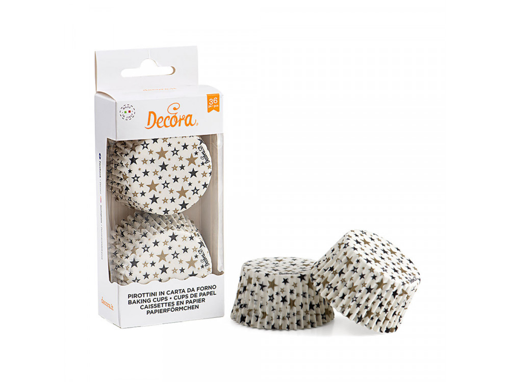 Muffin curlers - Decora - stars, gold and black, 50 x 32 mm, 36 pcs.