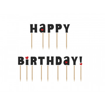 Cupcake topper Happy Birthday! - PartyDeco - black, 9,2cm, 14 pcs.